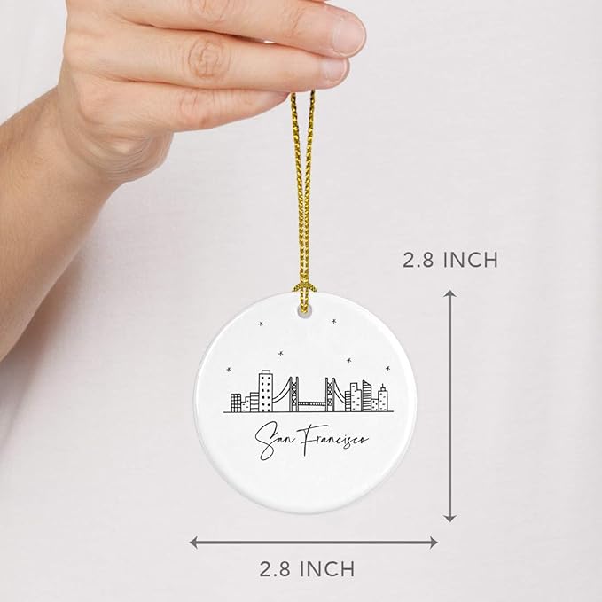 Andaz Press Round Ceramic Porcelain Christmas Tree Ornament Keepsake, San Francisco, Black and White Stars City Skyline Graphic, 1-Pack, Birthday Gift Ideas Family Coworker, Includes Gift Box
