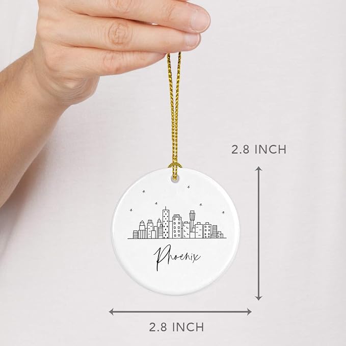 Andaz Press Round Ceramic Porcelain Christmas Tree Ornament Keepsake, Phoenix Black and White Stars City Skyline Graphic, 1-Pack, Birthday Gift Idea for Family Coworker Him Her, Includes Gift Box