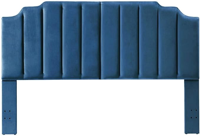 24KF Navy Blue Velvet Tufted King Upholstered Headboard, Modern Vertical Channel Design California King Headboard with Stepped Silhouette Top Edge, Navy Blue