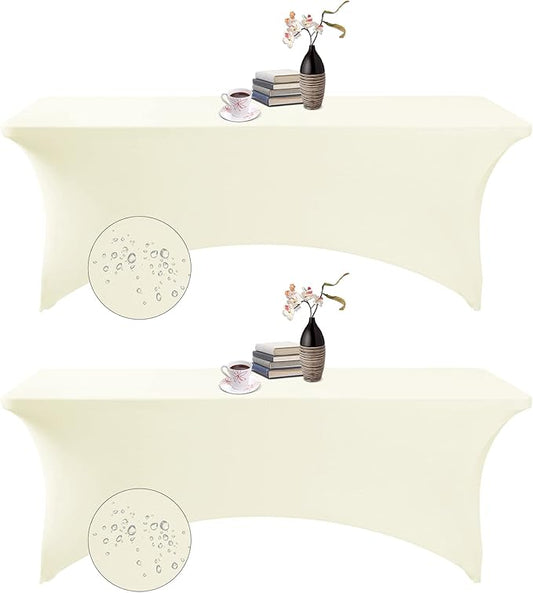 2Pack Spandex Waterproof Table Covers 8ft，Spandex 8ft Waterproof Table Cover for Party,Wedding, Banquet, and Events(Ivory)