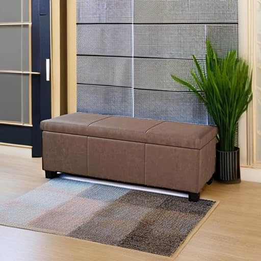 BELLEZE 47 Inch Storage Ottoman, Faux Leather Storage Bench Bedroom Bench with Safety Close Hinge, Ottoman with Storage for Living Room, Entryway, Hallway, Foot Rest, Support 300lbs - Rustic Brown