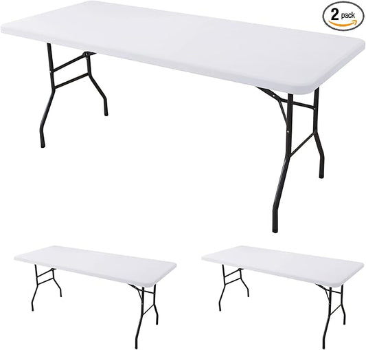 Fitted Tablecloth for 6 Foot Rectangle Tables-2 Pack White Elastic Outdoor Picnic Table Cover-Spandex Stretch Folding Table Cloths 6 ft for Camping Dining Room Patio Kitchen Banquet Party
