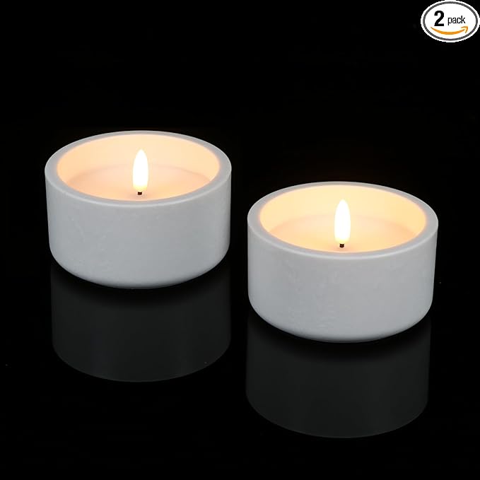GenSwin White Flameless Pillar Candles with Timer, 2 Pack LED Flickering Candles with Concrete Holder and Real Wax Imitate Scented Candle Shaped for Wedding Homer Decor