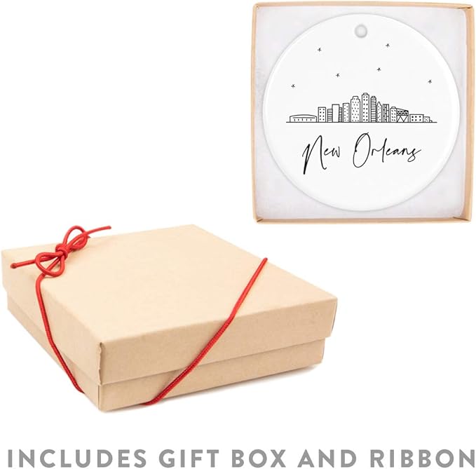 Andaz Press Round Ceramic Porcelain Christmas Tree Ornament Keepsake Gift, New Orleans, Black and White Stars City Skyline Graphic, 1-Pack, Birthday Ideas Family Coworker Him Her, Includes Gift Box