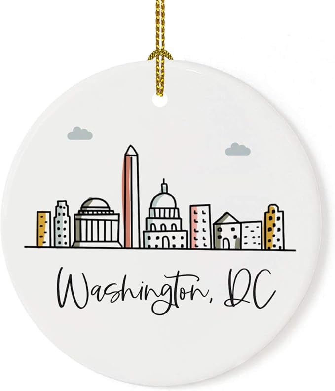 Andaz Press Round Ceramic Porcelain Christmas Tree Ornament Keepsake Gift, Washington, Dc, Colorful City Skyline Graphic, 1-Pack, Birthday Family Coworker Includes Gift Box Washington Dc Ornament 2024