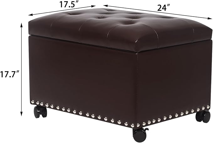 Joveco Leather Storage Ottoman with 360° Wheels 24" Rolling Foot Rest Bench Rectangle Ottomans Stool for Living Room Bedroom (Brown, Wheels)