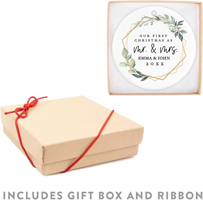 Andaz Press Personalized Our First Christmas As Mr. & Mrs. 2025 Christmas Ornaments Geometric Greenery 2.8" Round Porcelain Ceramic 1st Year Married Custom Ornament for Newlyweds Keepsake 1-Pack