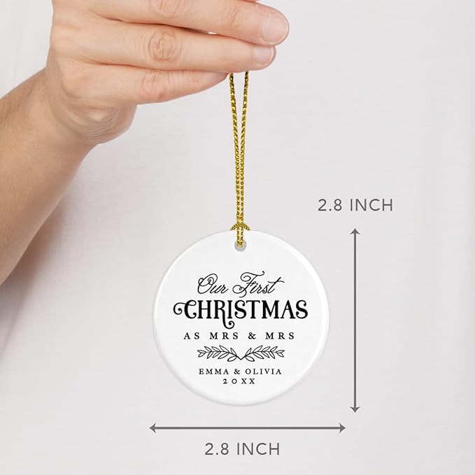 Andaz Press Personalized Our First Christmas As Mrs. & Mrs. 2025 Christmas Ornaments Laurel Wreath Leaves 2.8" Round Porcelain Ceramic Lesbian Married Couple Gay Women Newlyweds Keepsake 1-Pack