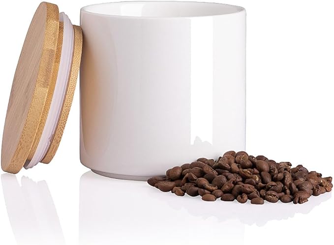 Sweejar Kitchen Ceramic Food Storage Containers, Stackable Canisters for Countertop with Airtight Boomboo Lids for Serving Ground Coffee, Tea, Sugar, Salt and More- 16 Fl Oz (White)