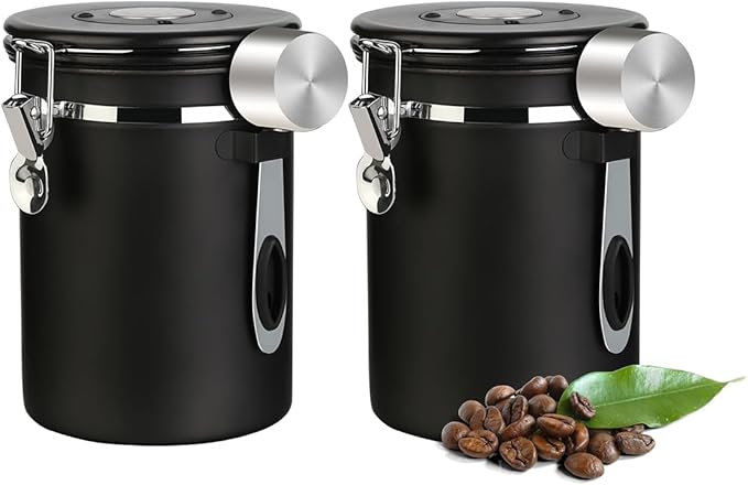 Coffee Canister Airtight Coffee Storage Container Stainless Steel Air Tight Coffee Jar with Scoop, Date Tracker and CO2 Release Valve for Beans, Ground, Tea, Flour, Cereal and Sugar (2pcs-Black-1.8L)