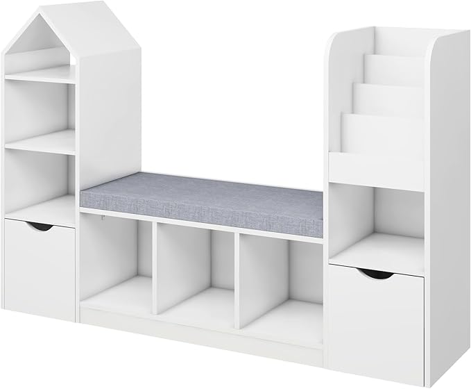 Vabches Kids Bookcase and Bookshelf with Reading Nook, Multifunctional Bookcase with 7 Storage Cubbies 2 Movable Drawers, Bookcases with Seat Cushion for Toy Storage Organizer Children's Room, Bedroom