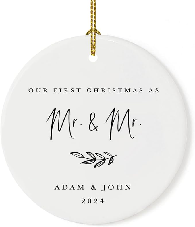 Andaz Press Personalized Gay Couple Wedding Round Ceramic Porcelain Tree Ornament Engagement Keepsake Gift, Our First Christmas As Mr. & Mr, 2024, Antique Handdrawn, 1-Pack Gay Christmas Ornaments