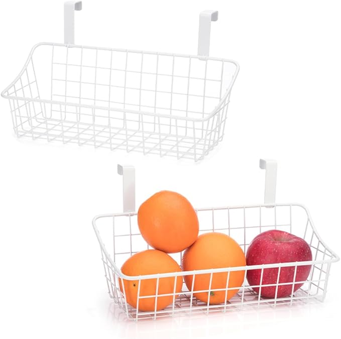 LeleCAT White Basket with hook Grid Storage Basket,Hang it behind a door or on a railing,Over the Cabinet Door,2 Pack