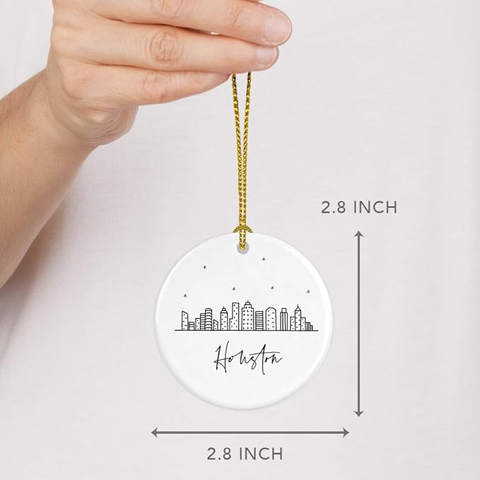 Andaz Press Round Ceramic Porcelain Christmas Tree Ornament Keepsake, Houston Black and White Stars City Skyline Graphic, 1-Pack, Birthday Gift Idea for Family, Coworker, Him, Her, Includes Gift Box