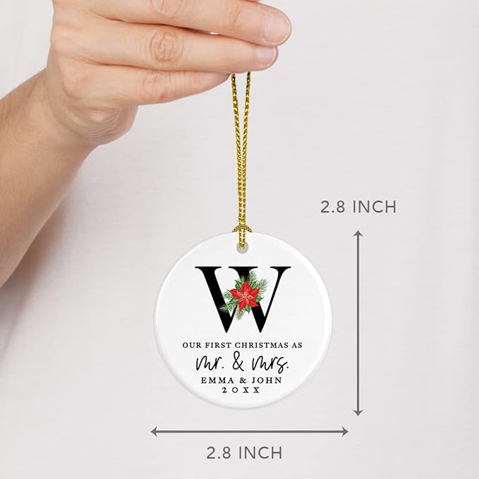 Andaz Press Personalized Our First Christmas As Mr. & Mrs. 2025 Christmas Ornaments Monogram Poinsettia 2.8" Round Porcelain Ceramic 1st Year Married Custom Ornament Keepsake for Newlyweds 1-Pack