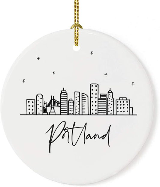 Andaz Press Round Ceramic Porcelain Christmas Tree Ornament Keepsake, Portland Black and White Stars City Skyline Graphic, 1-Pack, Birthday Gift Idea for Family, Coworker Him Her, Includes Gift Box