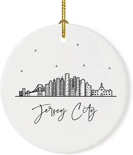 Andaz Press Round Ceramic Porcelain Christmas Tree Ornament Keepsake Gift, Jersey City, Black and White Stars City Skyline Graphic, 1-Pack, Birthday Ideas Family Coworker Him Her, Includes Gift Box