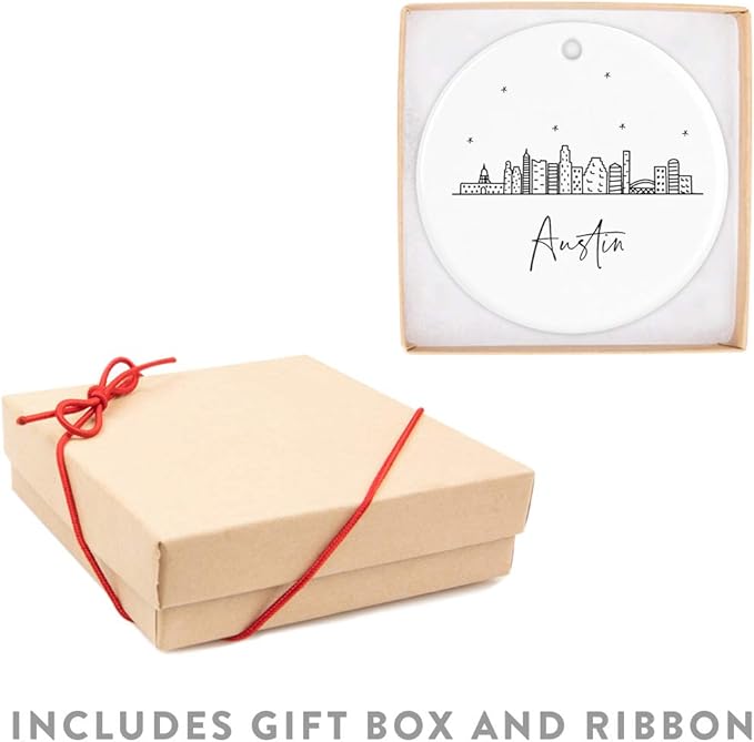 Andaz Press Round Ceramic Porcelain Christmas Tree Ornament Keepsake, Austin Black and White Stars City Skyline Graphic, 1-Pack, Birthday Gift Idea for Family Coworker Him Her, Includes Gift Box