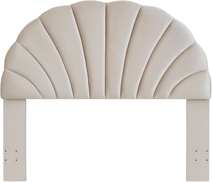 24KF Stunning Crown Design Queen Headboard, Upholstered Soft Velvet Petal Pattern Headboard Queen/Full-Beige