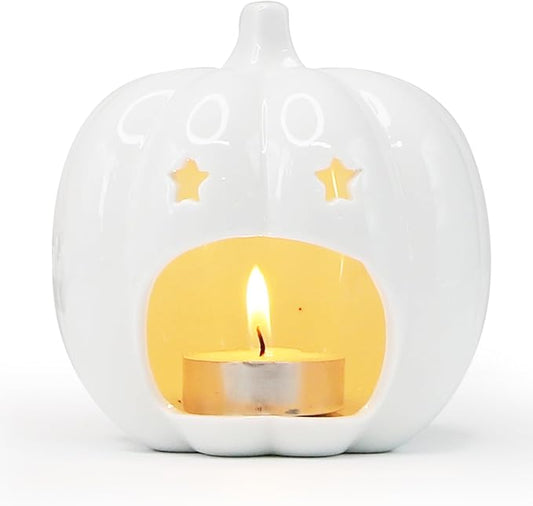 Ceramic White Pumpkin Candle Holder, Halloween Decor Candlestick Holder with Star Hole for Halloween Party, On a Desk at Work, Home Decoration, Daughter Girlfriend Mother Gift