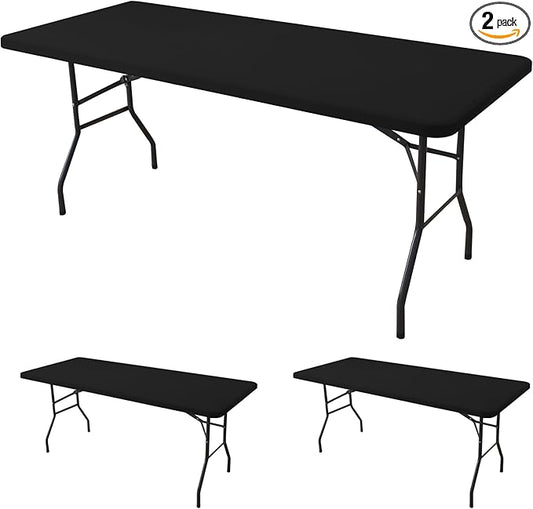 Fitted Tablecloth for 6 Foot Rectangle Tables-2 Pack Black Elastic Outdoor Picnic Table Cover-Spandex Stretch Folding Table Cloths 6 ft for Camping Dining Room Patio Kitchen Banquet Party
