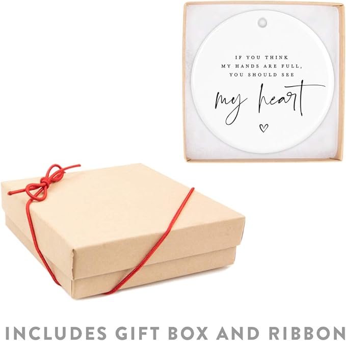 Andaz Press Round Ceramic Porcelain Christmas Tree Ornament for Teacher Thank You Graduation Gift, If You Think My Hands are Full, You Should See My Heart, Heart Graphic, 1-Pack Special Needs Autism