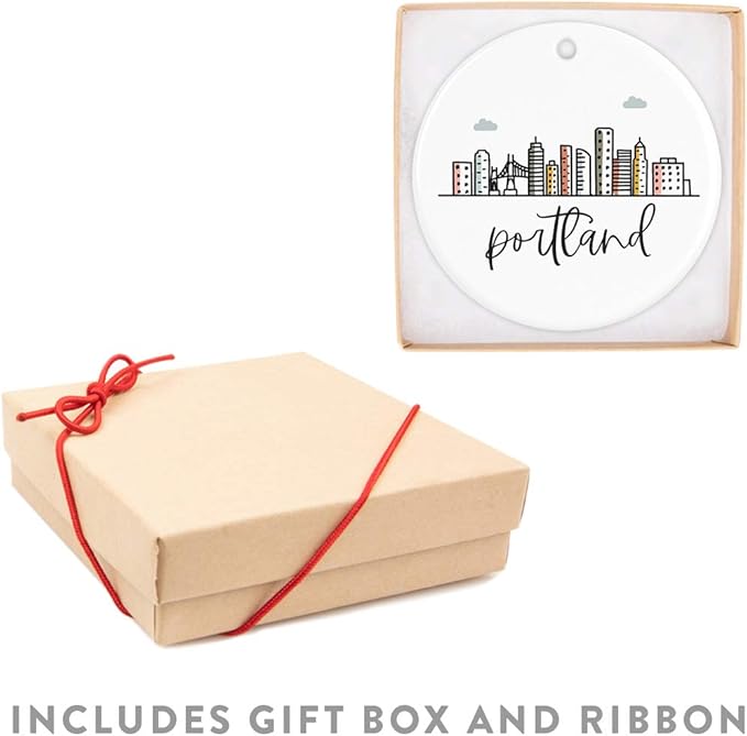 Andaz Press Round Ceramic Porcelain Christmas Tree Ornament Keepsake, Portland Colorful City Skyline Graphic, 1-Pack, Birthday Gift Ideas for Family Coworker, Includes Gift Box