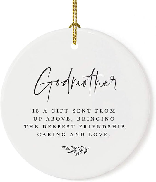 Andaz Press Round Ceramic Porcelain Christmas Ornament Collectible Godmother Gift, Godmother is a Gift Sent from Up Above, Bringing The Deepest Friendship, Caring and Love, 1-Pack