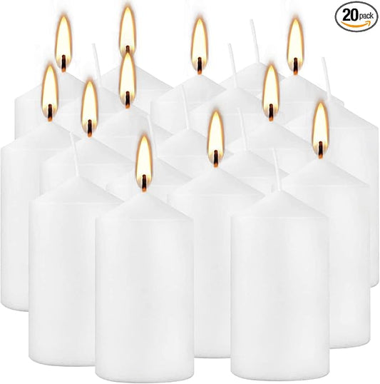 20 Pcs Bulk Long Burning Wax Pillar Candles 2" x 4" Dripless Unscented Smokeless for Wedding Party Spa Lantern Fireplace Home(White)