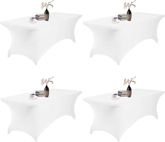 4Pack Spandex Waterproof Table Covers 8ft，Spandex 8ft Waterproof Table Cover for Party,Wedding, Banquet, and Events(White)