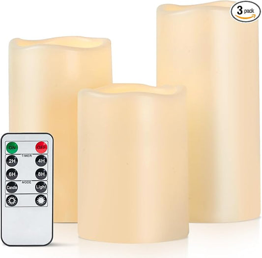 Amagic Outdoor Waterproof Flameless Candles with Timer, Battery Operated Candles with Remote Control, D3 x H4 5" 6" Electric LED Pillar Candle for Outside Patio, Garden, Indoor Decor, Ivory, Set of 3
