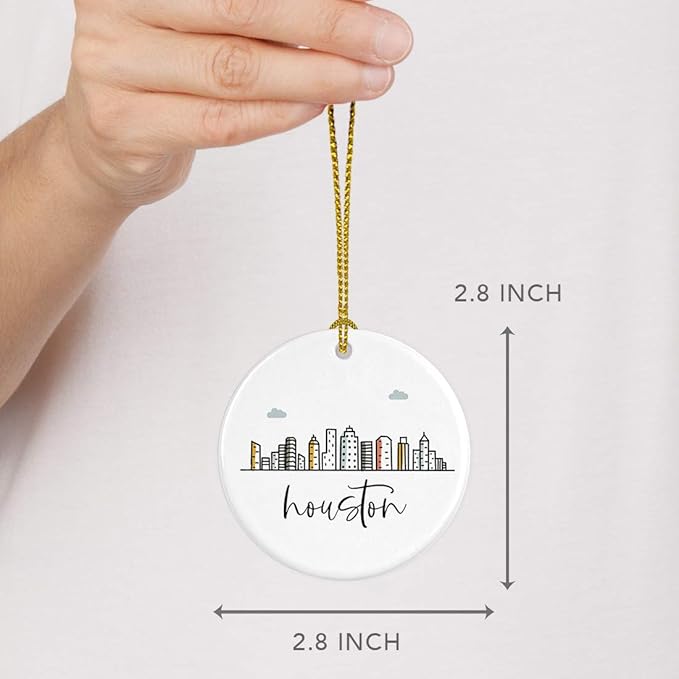 Andaz Press Round Ceramic Porcelain Christmas Tree Ornament Keepsake, Houston Colorful City Skyline Graphic, 1-Pack, Birthday Gift Ideas Family Coworker Him Her, Includes Gift Box