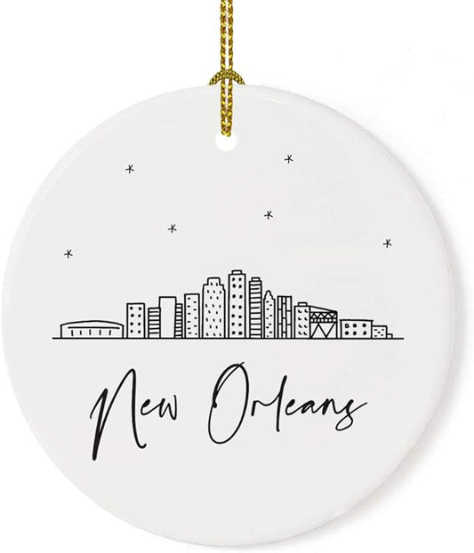 Andaz Press Round Ceramic Porcelain Christmas Tree Ornament Keepsake Gift, New Orleans, Black and White Stars City Skyline Graphic, 1-Pack, Birthday Ideas Family Coworker Him Her, Includes Gift Box