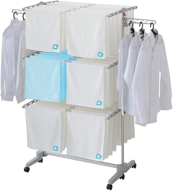 Foldable Laundry Drying Rack with Wheels - 48 Drying Rods, Heavy Duty, Movable, Perfect for Clothes, Duvet, Socks, Bed Linen, Sheets, 6 Wings