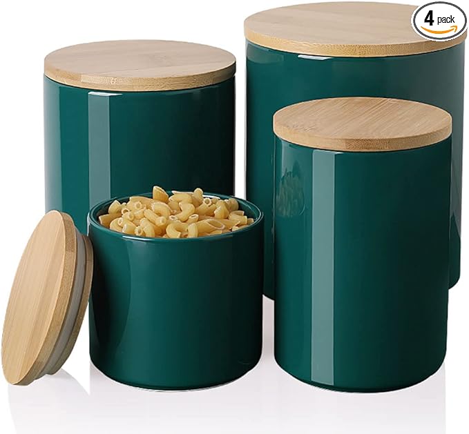 Sweejar Ceramic Kitchen Canister Sets, Porcelain Container for Countertop, Heavy Food Storage Jars with Airthight Seal Bamboo Lid, Servering for Sugar, Coffee Beans, Tea Leaves, Pack of 4（Jade）