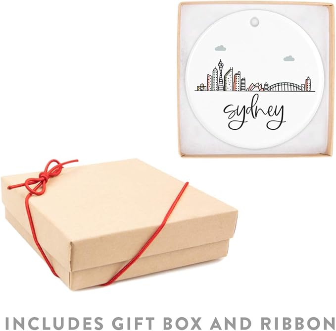 Andaz Press Round Ceramic Porcelain Christmas Tree Ornament Keepsake Gift, Sydney, Colorful International City Skyline Graphic, 1-Pack, Birthday Ideas Family Coworker Him Her, Gift Box