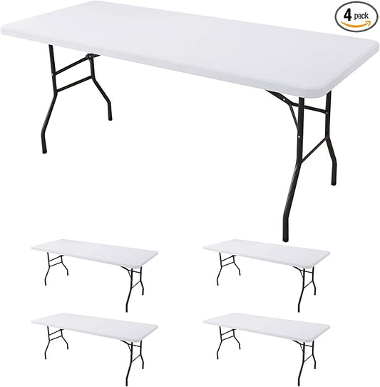 Fitted Tablecloth for 8 Foot Rectangle Tables-4 Pack White Elastic Outdoor Picnic Table Cover-Spandex Stretch Folding Table Cloths 8ft for Camping Dining Room Patio Kitchen Banquet Party