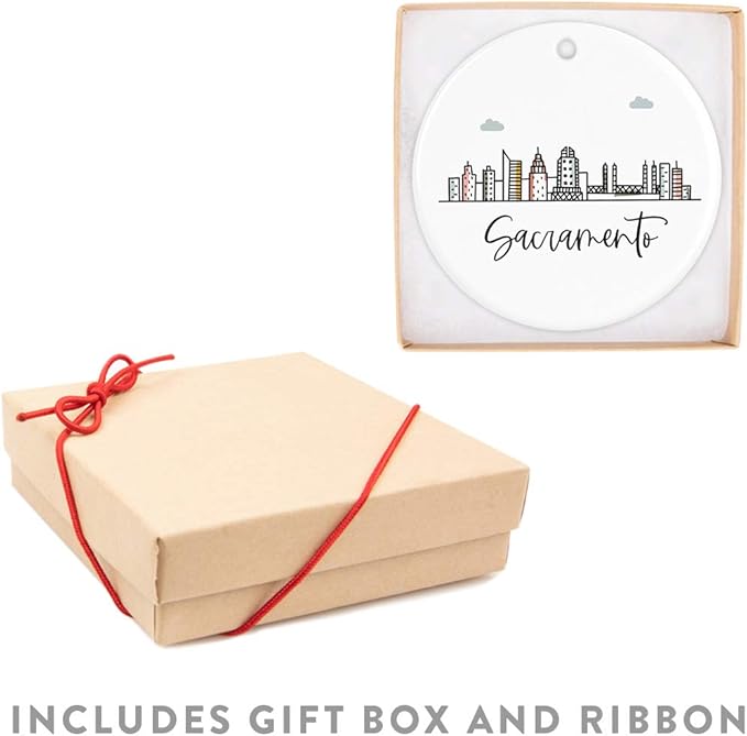 Andaz Press Round Ceramic Porcelain Christmas Tree Ornament Keepsake Gift, Sacramento, Colorful City Skyline Graphic, 1-Pack, Birthday Ideas Family Coworker Him Her, Includes Gift Box