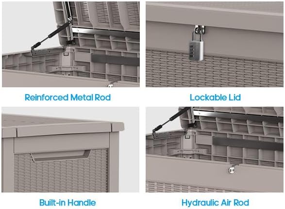 267 Gallon Deck Box Large Outdoor Storage for Patio Furniture,Outdoor Cushions,Garden Tools and Pool Supplies,Waterproof,Resin,Lockable(Grey Rattan)
