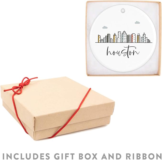 Andaz Press Round Ceramic Porcelain Christmas Tree Ornament Keepsake, Houston Colorful City Skyline Graphic, 1-Pack, Birthday Gift Ideas Family Coworker Him Her, Includes Gift Box