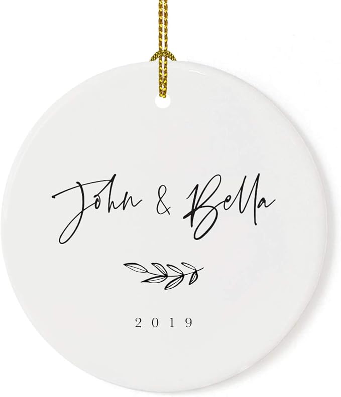 Andaz Press Personalized Round Ceramic Porcelain Christmas Tree Ornament Engagement Keepsake Collectible Gift, John & Olivia, Antique Handdrawn, 1-Pack