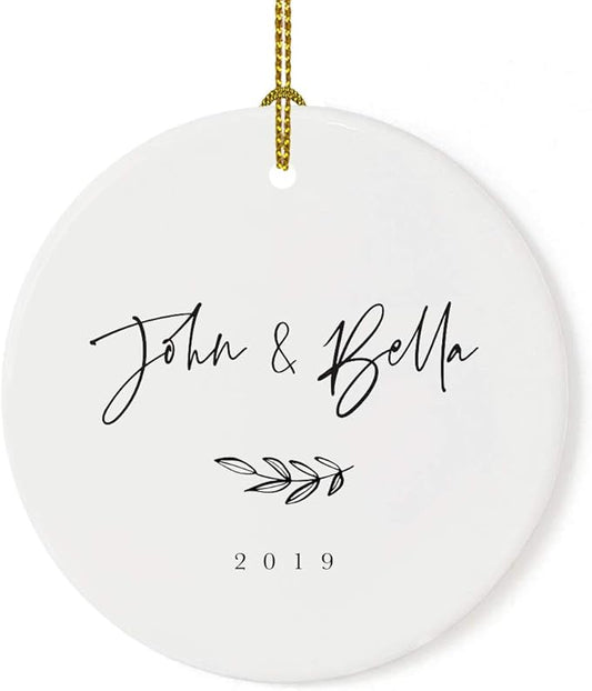 Andaz Press Personalized Round Ceramic Porcelain Christmas Tree Ornament Engagement Keepsake Collectible Gift, John & Olivia, Antique Handdrawn, 1-Pack