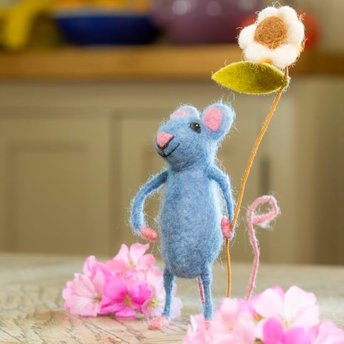 | Hand-Felted Pretty Blue Mouse with Flower | Organic Wool Home Decor | Fair Trade Plush Animal Ornament | Gift for Any Occasion | Perfect for New Spaces & Home Accessories