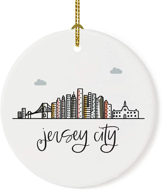 Andaz Press Round Ceramic Porcelain Christmas Tree Ornament Keepsake Gift, Jersey City, Colorful City Skyline Graphic, 1-Pack, Birthday Ideas Family Coworker Him Her, Includes Gift Box
