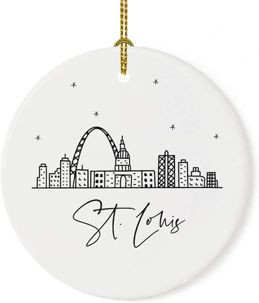 Andaz Press Round Ceramic Porcelain Christmas Tree Ornament, St. Louis, Black and White Stars City Skyline, 1-Pack, Birthday Ideas Coworker, Includes Box St Louis Ornament St Louis Christmas Ornament