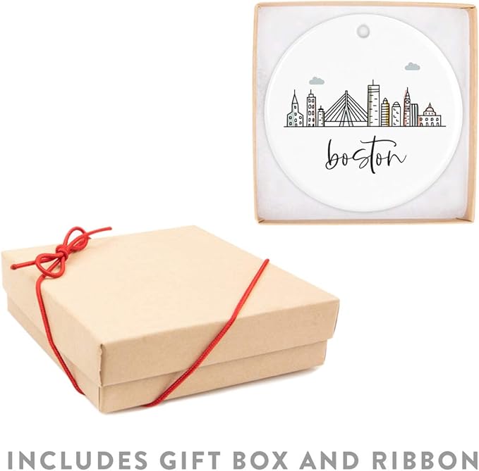 Andaz Round Ceramic Porcelain Christmas Tree Ornament Keepsake Gift, Colorful Boston City Skyline, 1-Pack, Birthday & Ideas for Family & Coworkers, Includes Box