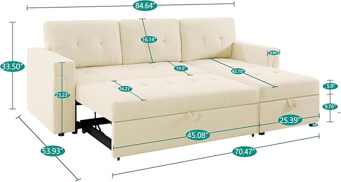 Naomi Home L-Shaped Reversible Sectional Sofa with Pull-Out Sleeper Bed and Storage Chaise, Cream Velvet