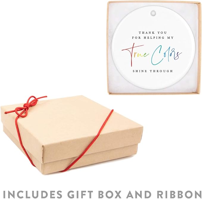 Andaz Press Round Ceramic Porcelain Christmas Tree Ornament for Teacher Thank You Appreciation Graduation Gift, Thank You for Heling My True Colors Shine Through, Rainbow Graphic, 1-Pack