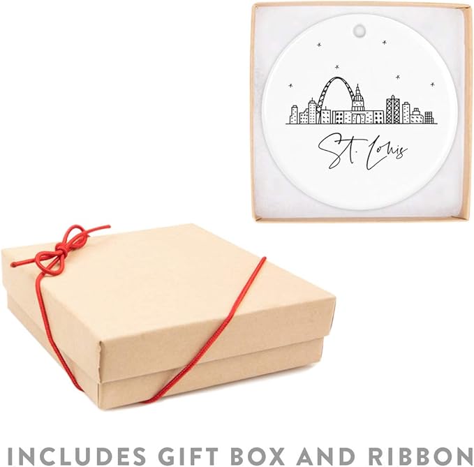 Andaz Press Round Ceramic Porcelain Christmas Tree Ornament, St. Louis, Black and White Stars City Skyline, 1-Pack, Birthday Ideas Coworker, Includes Box St Louis Ornament St Louis Christmas Ornament
