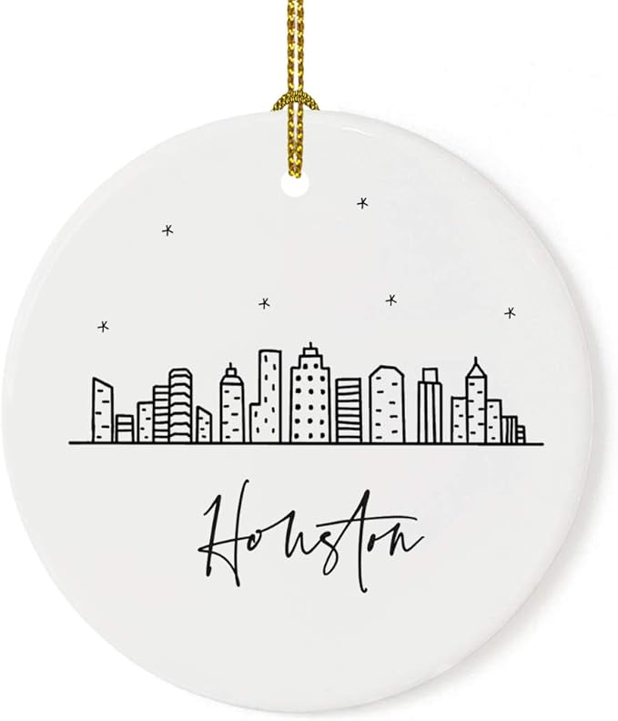 Andaz Press Round Ceramic Porcelain Christmas Tree Ornament Keepsake, Houston Black and White Stars City Skyline Graphic, 1-Pack, Birthday Gift Idea for Family, Coworker, Him, Her, Includes Gift Box